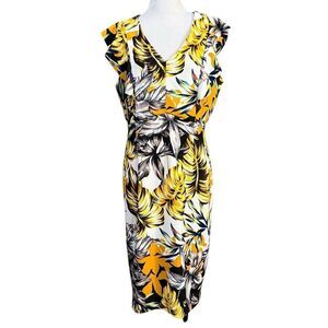 Phase 7 New York Floral Vneck Dress Flutter Sleeves Yellow Black White Orange
